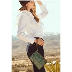 Patricia Nash Cassini Teal Leather Tooled Wristlet